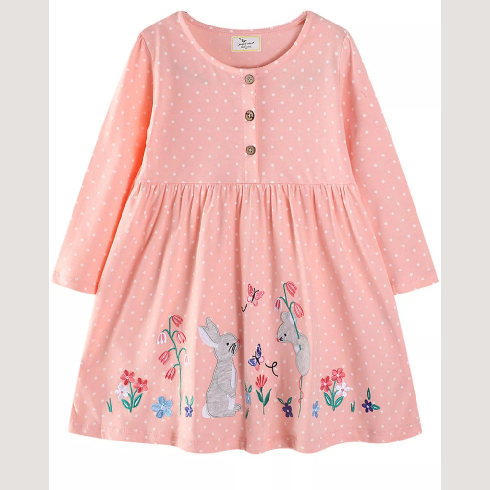 Children's Cute Animal Embroidered Polka Dot Long Sleeve Dress