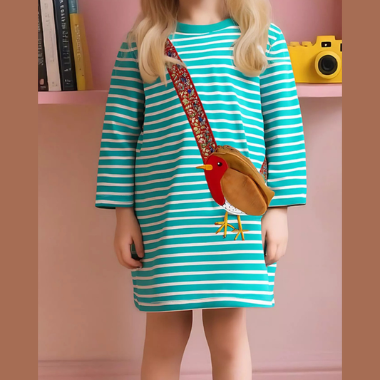 Children's Striped Bird Applique Long Sleeve Dress