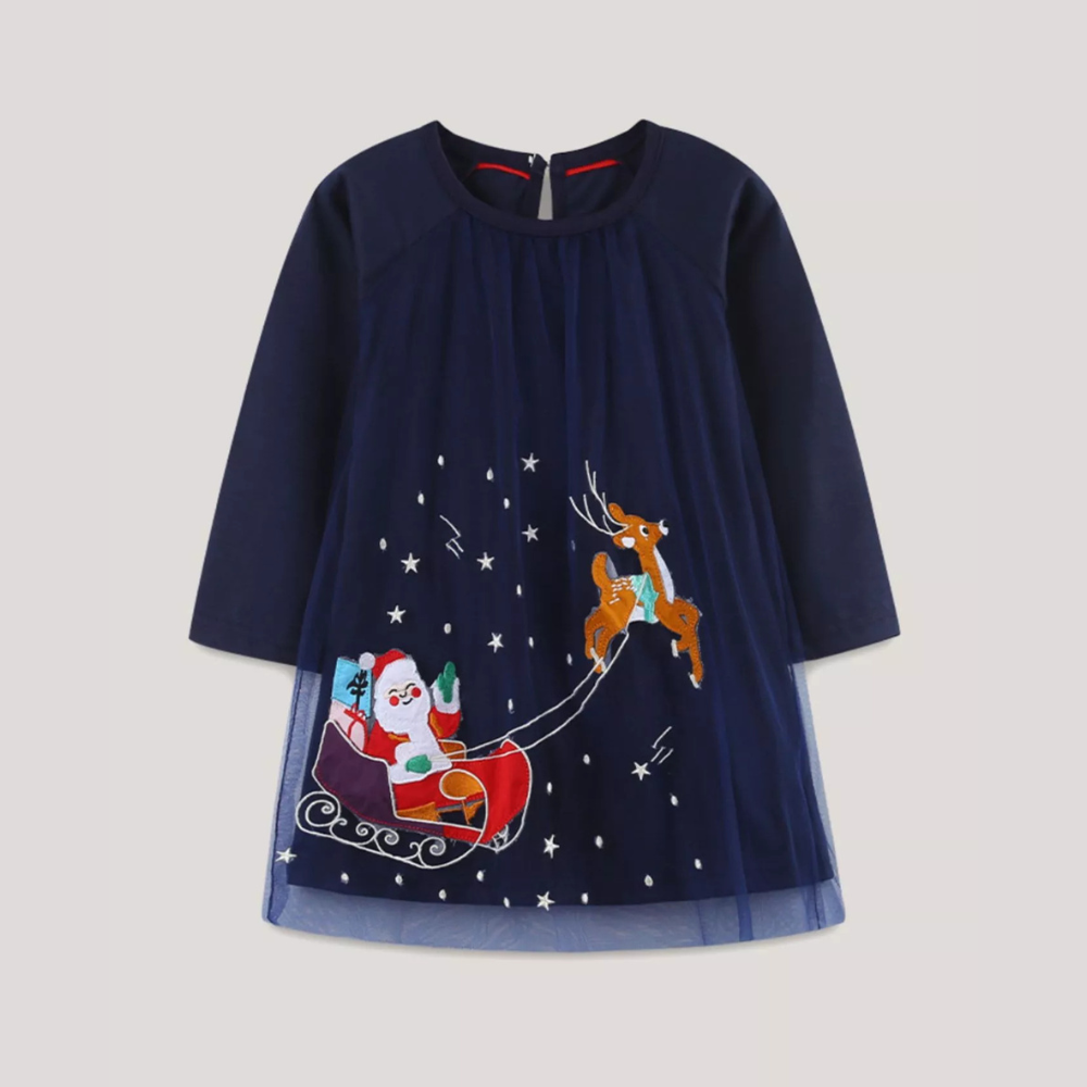 Children's Christmas Santa & Reindeer Embroidered Tulle Dress