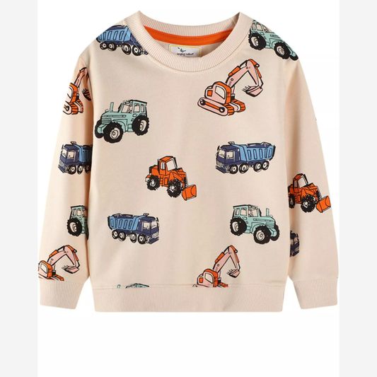 Children's Cartoon Vehicle Print Crew Neck Sweatshirt