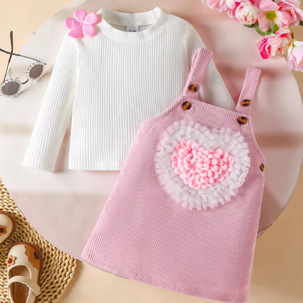 Children's Heart Decor Corduroy Overall Dress & Ribbed Top Set