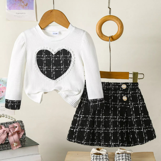 Children's Plaid Heart Top and Skirt Set