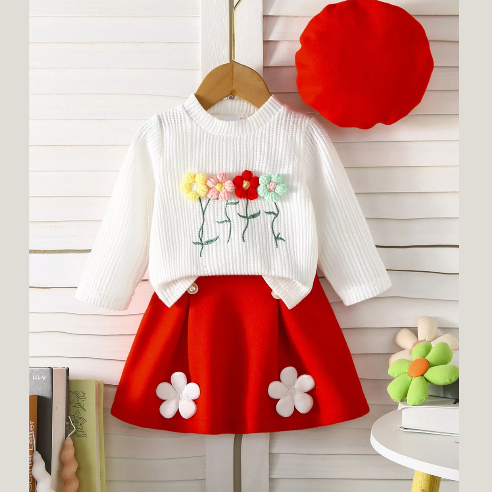 Children's Floral Applique Ribbed Knit Top & Pleated Skirt Set with Hat