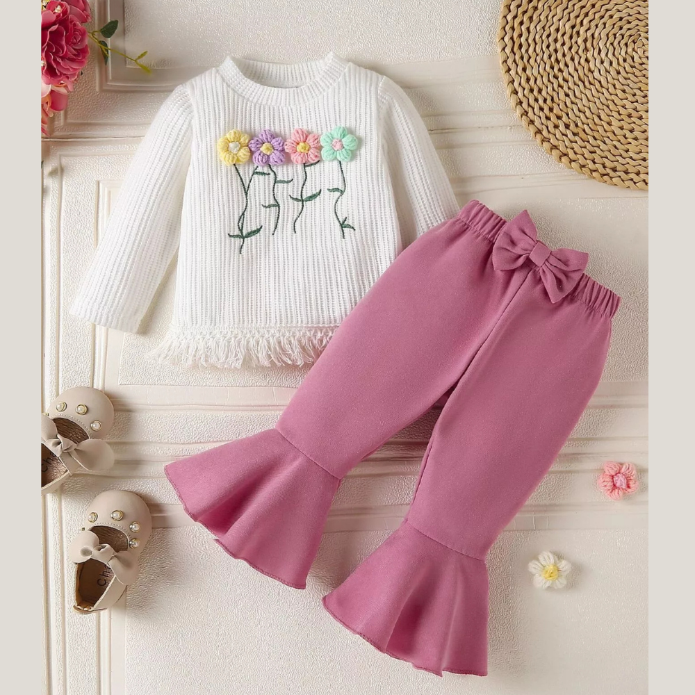 Children's Floral Applique Ribbed Top & Flare Leg Pants Set