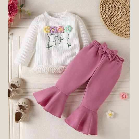 Children's Floral Applique Ribbed Top & Flare Leg Pants Set