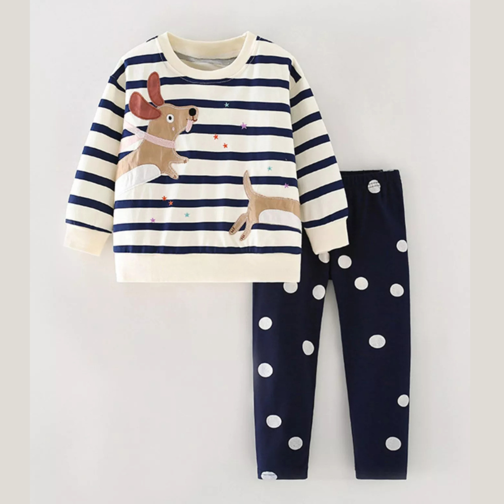 Children's Cute Dog Applique Striped Top and Pants Set