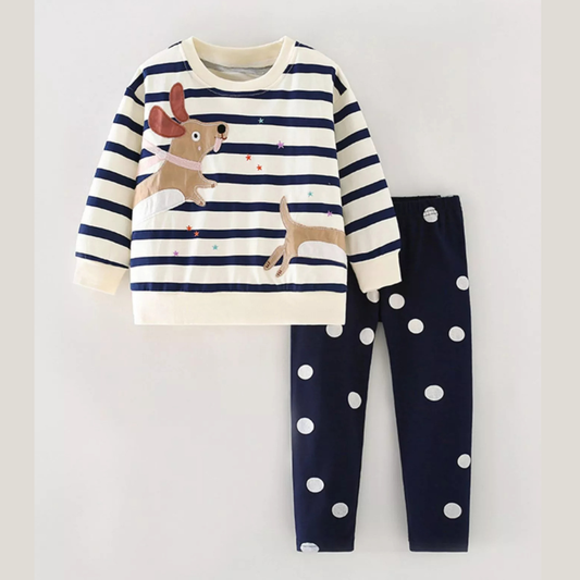 Children's Cute Dog Applique Striped Top and Pants Set