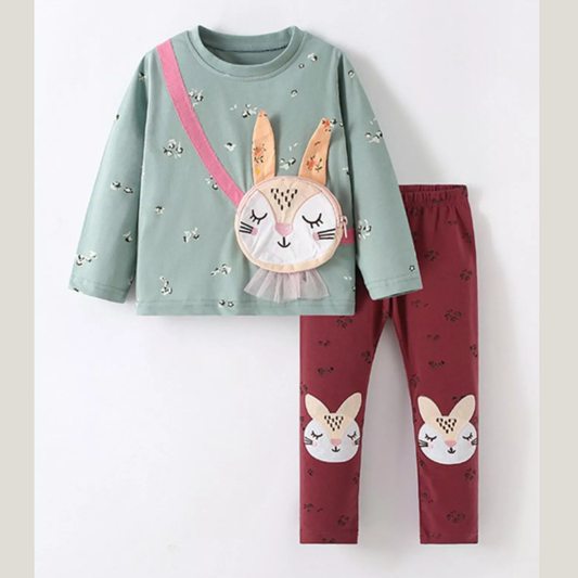 Children's Cute Bunny Applique Long Sleeve Top and Pants Set