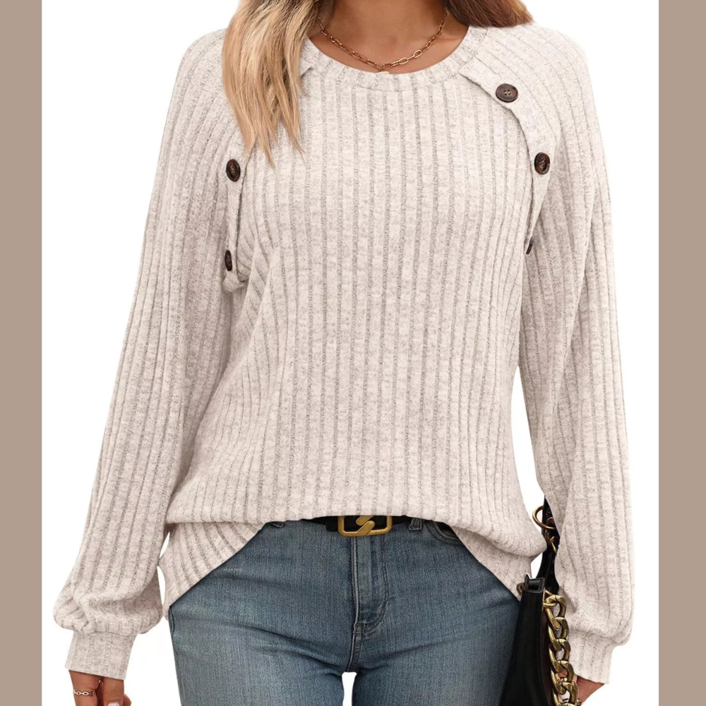 Ribbed Knit Decor Button Long Sleeve T-Shirt