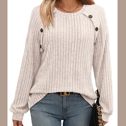Ribbed Knit Decor Button Long Sleeve T-Shirt