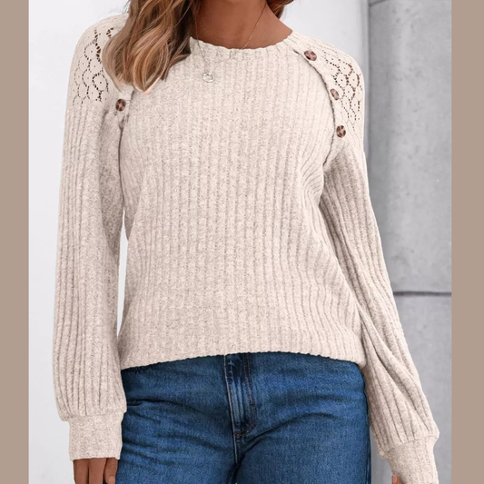 Ribbed Knit T-Shirt with Lace Shoulder Detail