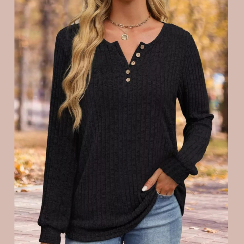 Ribbed Knit Button-Front Long Sleeve T-Shirt