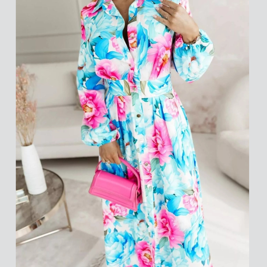 Printed Button Front Maxi Shirt Dress