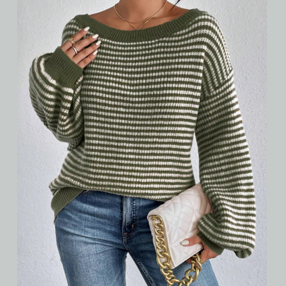 Striped Boat Neck Long Sleeve Sweater