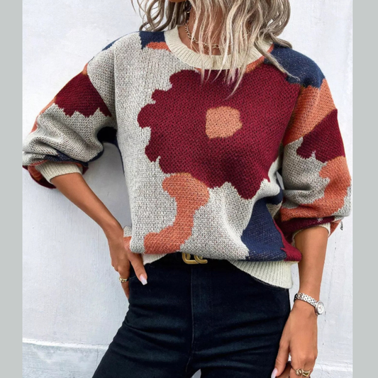 Floral Pattern Round Neck Sweater