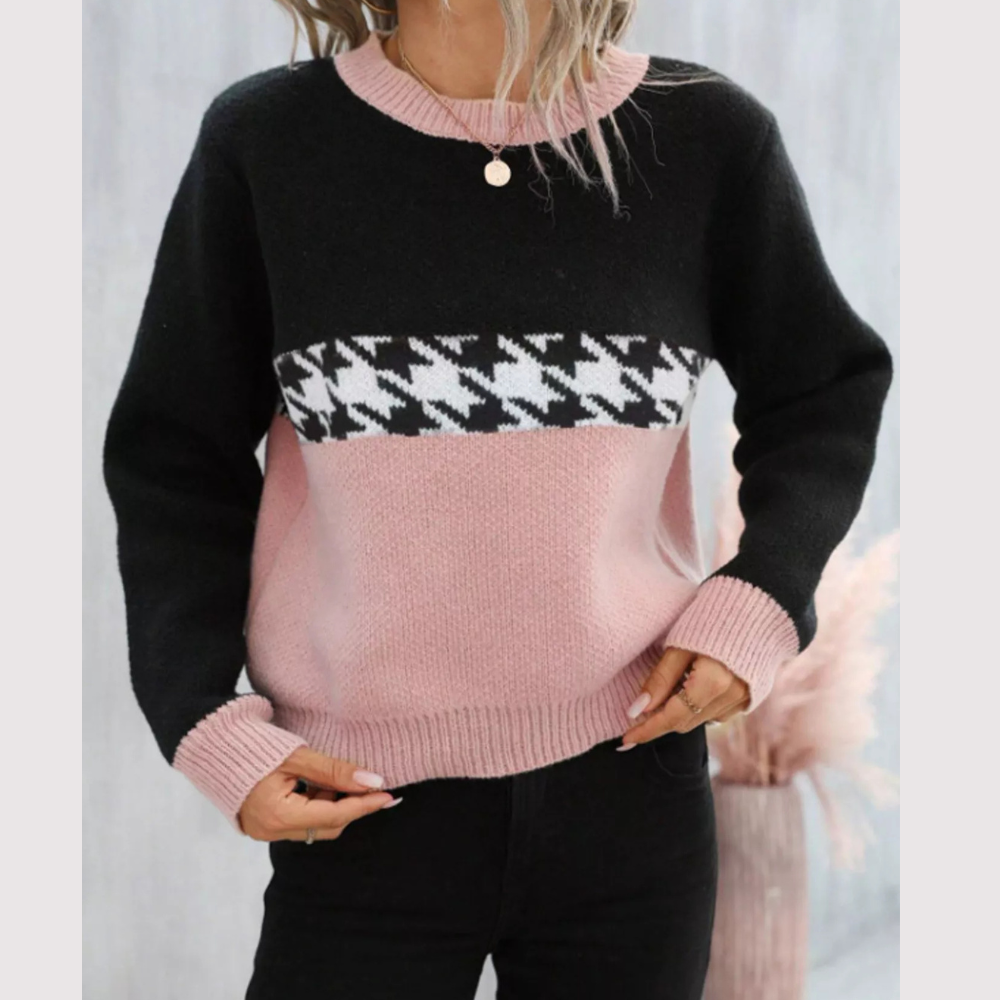 Color Block Houndstooth Knit Sweater