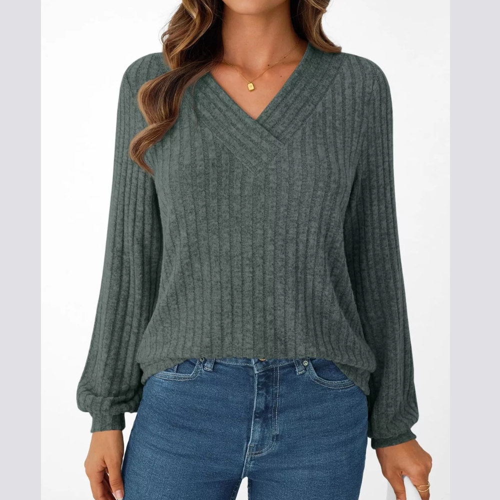Ribbed Knit V-Neck Long Sleeve T-Shirt