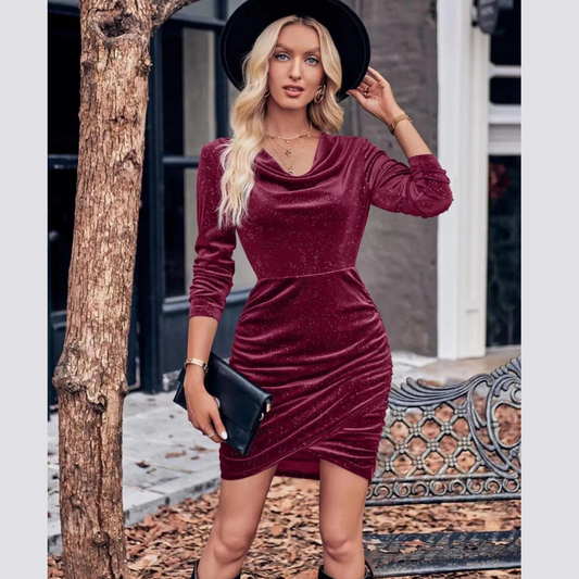 Velvet Cowl Neck Ruched Bodycon Dress