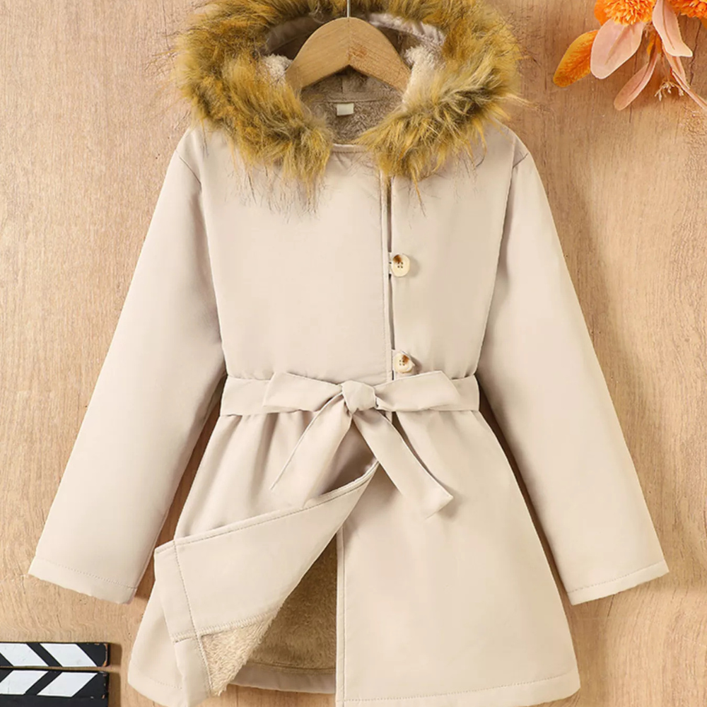 Children's Tie Waist Faux Fur Hooded Outerwear