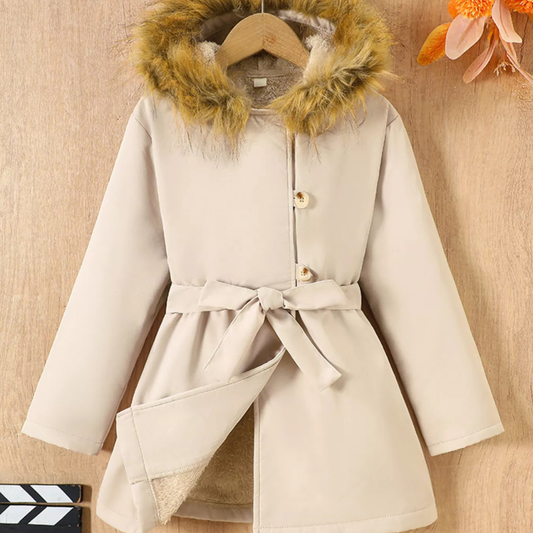 Children's Tie Waist Faux Fur Hooded Outerwear