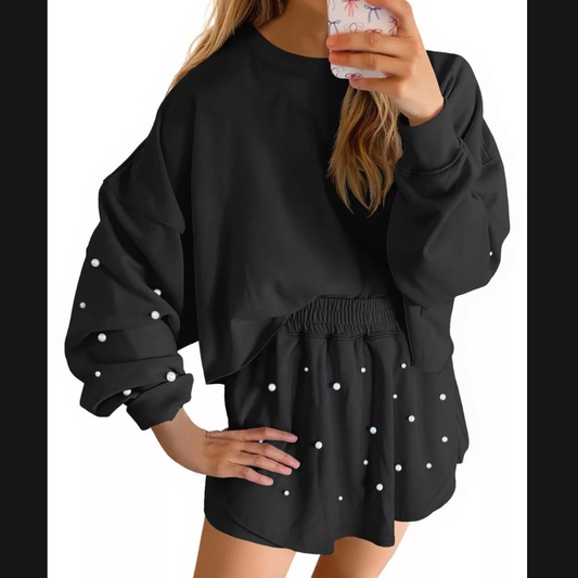 Pearl Embellished Round Neck Top and Skort Set