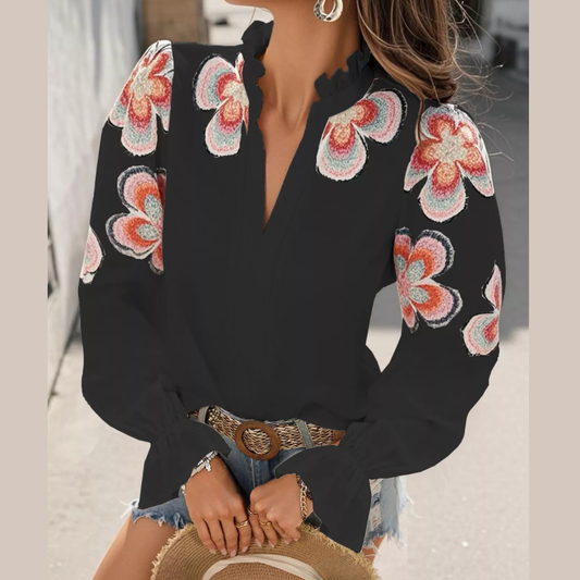 Floral Embroidered Notched Long Sleeve Blouse
