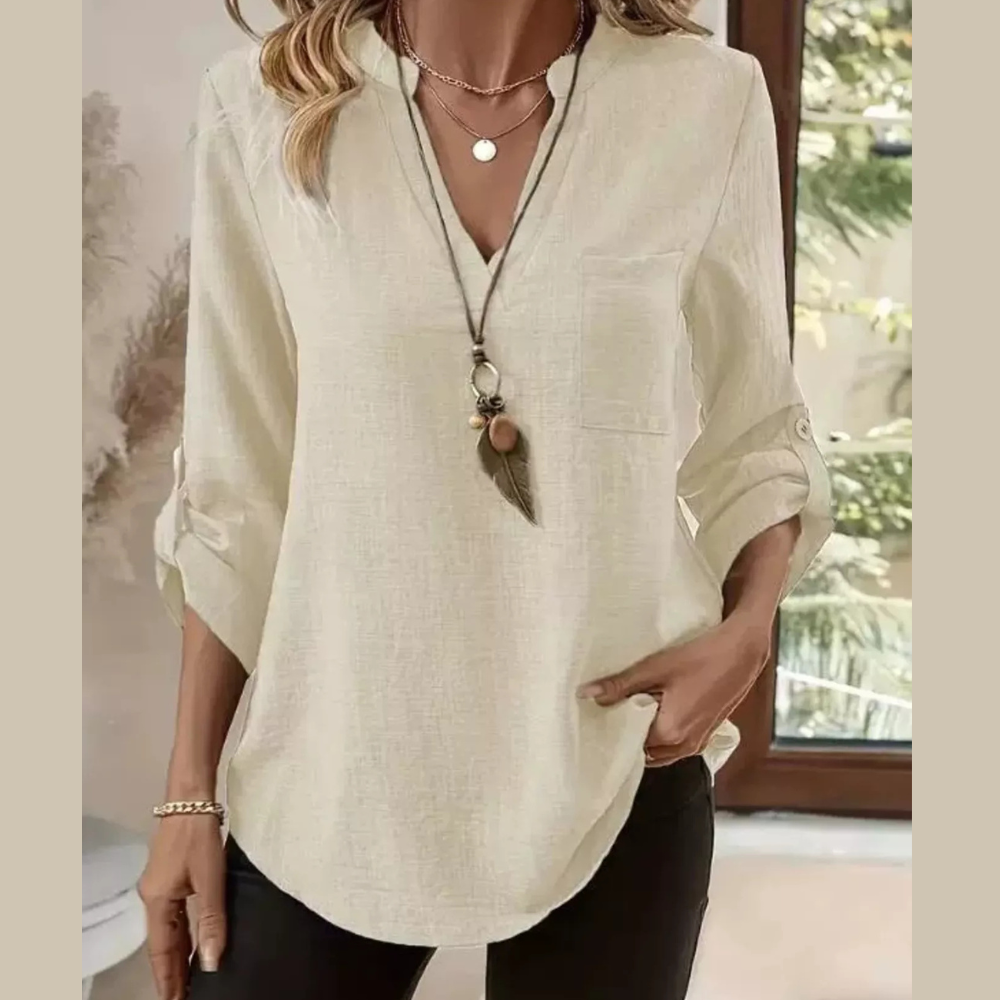 Roll-Up Sleeve Notched Blouse