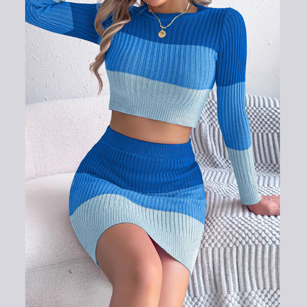 Color Block Ribbed Knit Top and Skirt Sweater Set