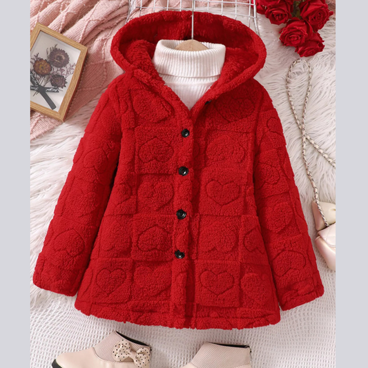 Children's Cozy Heart-Patterned Fleece Hooded Jacket