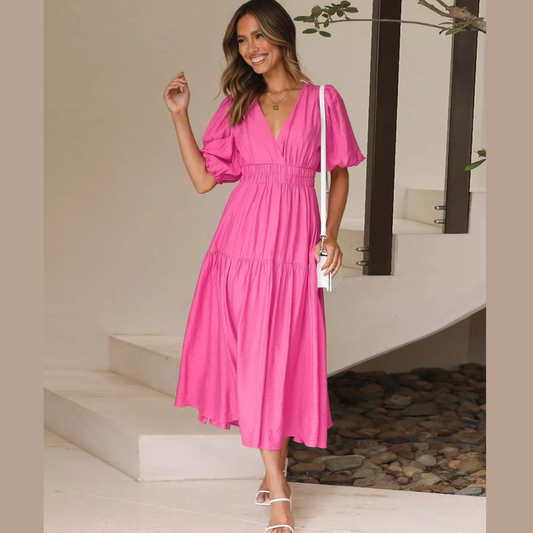 Tiered Puff Sleeve Midi Dress