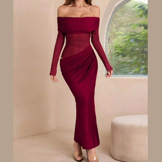 Off-Shoulder Long Sleeve Ruched Bodycon Maxi Dress