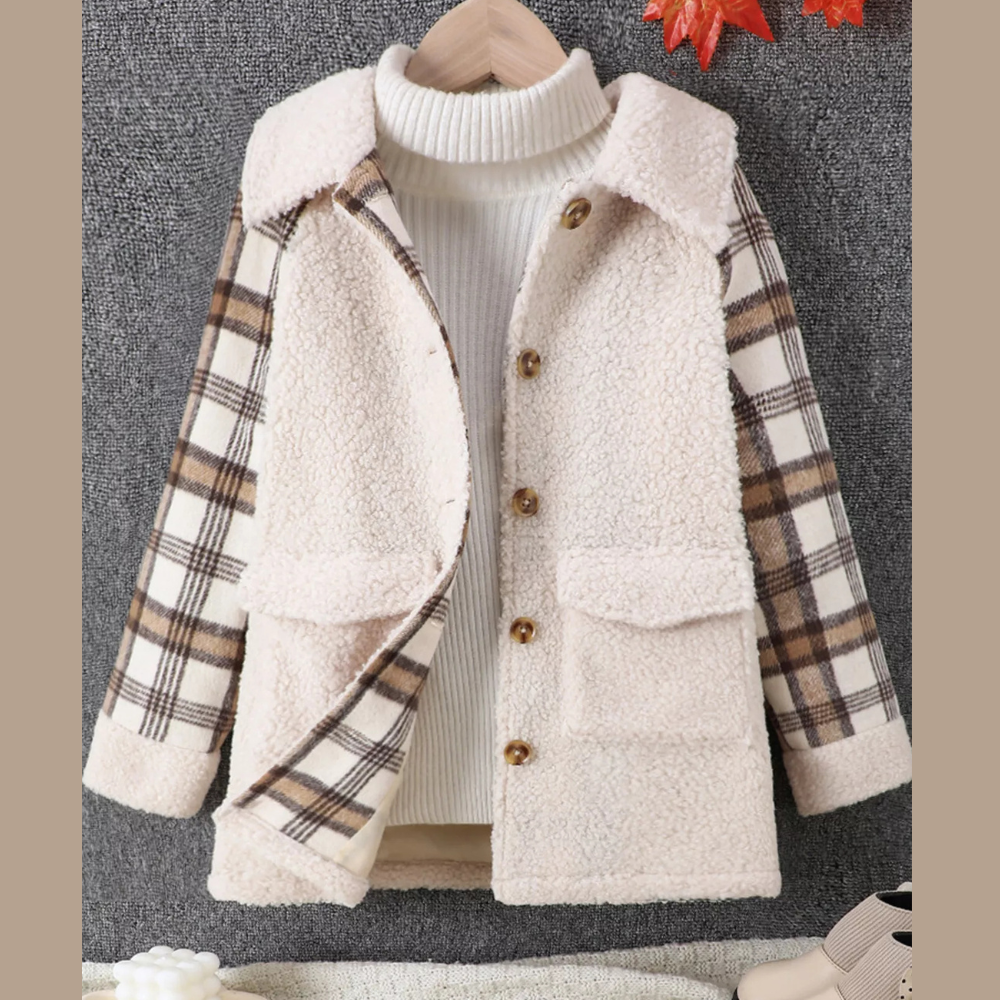 Children's Cozy Plaid Sleeve Fleece Jacket