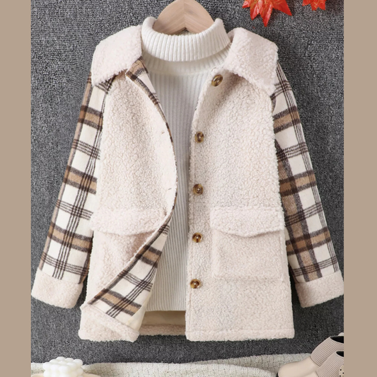 Children's Cozy Plaid Sleeve Fleece Jacket