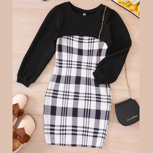 Children's Plaid Print Long Sleeve Dress Set