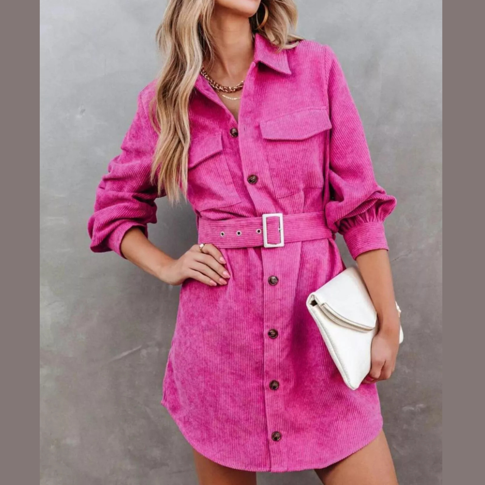 Button Front Belt Long Sleeve Corduroy Dress