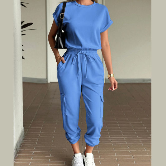 Round Neck Short Sleeve Top and Pants Set