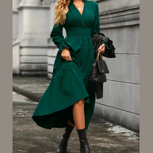 Notched Long Sleeve Tiered Dress