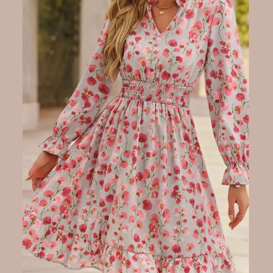 Floral Print Flounce Sleeve Ruffle Hem Dress