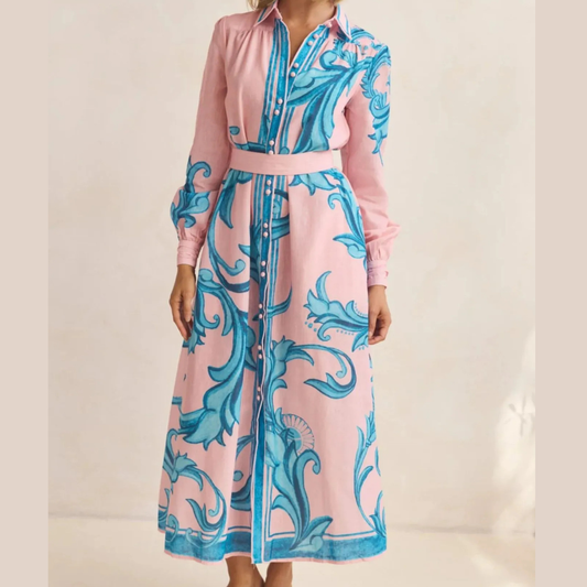 Printed Button Down Belted Shirt Dress