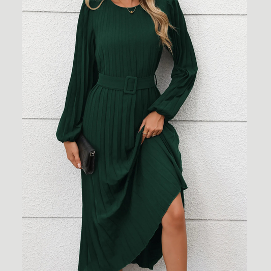 Pleated Round Neck Long Sleeve Dress