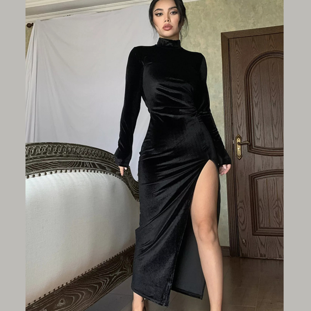 Velvet High-Neck Slit Dress