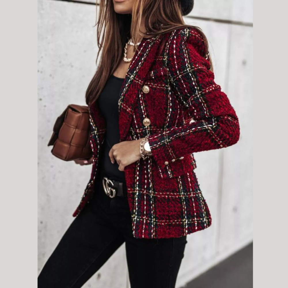 Full Size Plaid Tweed Double-Breasted Blazer Plus Size
