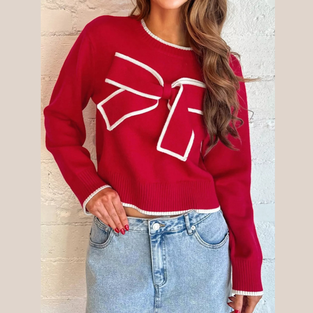 Contrast Trim Bow Accent Holiday Cropped Sweater