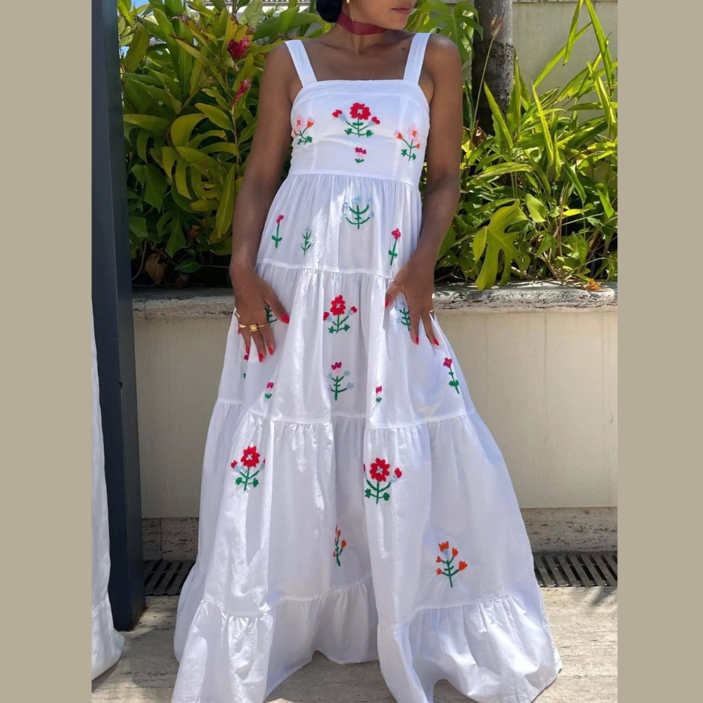 Embroidered Square Neck Tiered Maxi Cami Dress