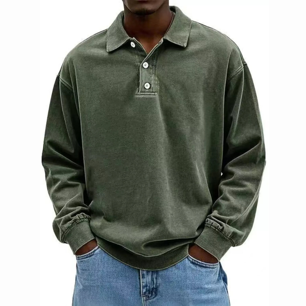 Men's Full Size Washed Long Sleeve Polo Plus Size