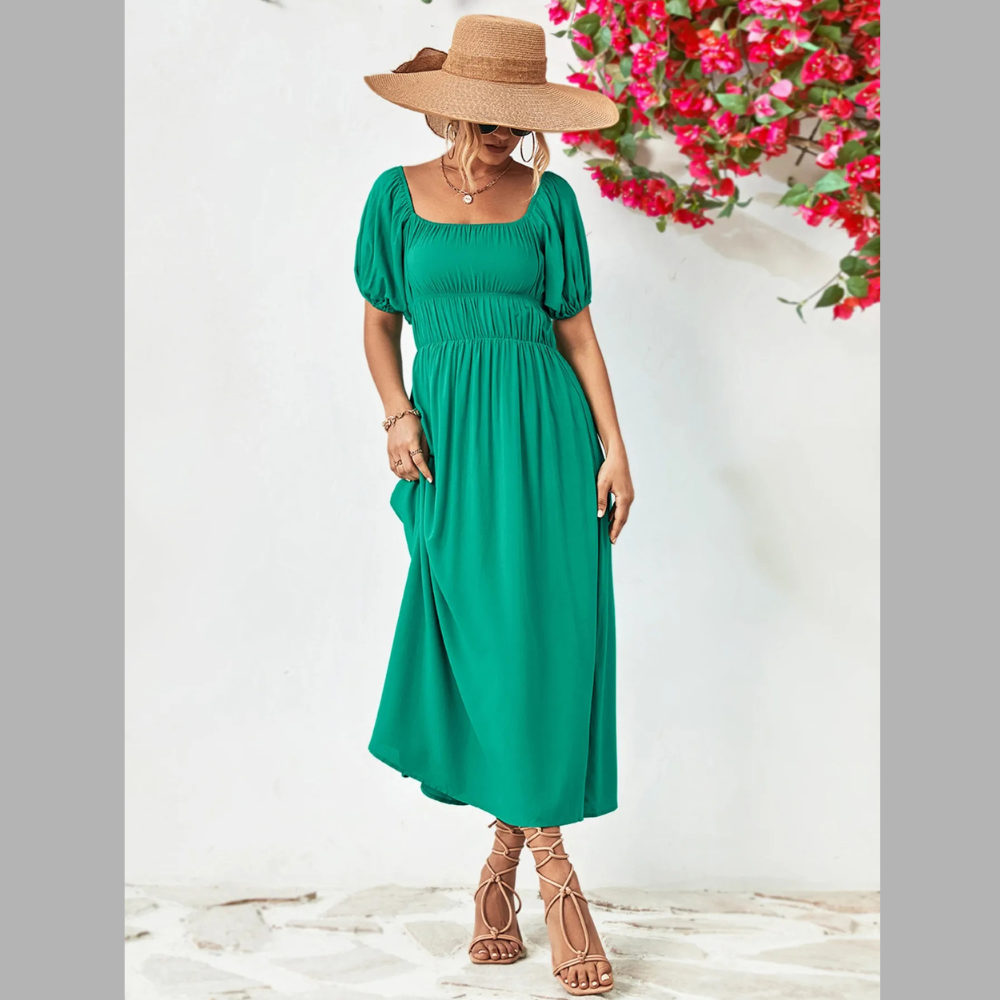 Off-Shoulder Puff Sleeve Smocked Maxi Dress