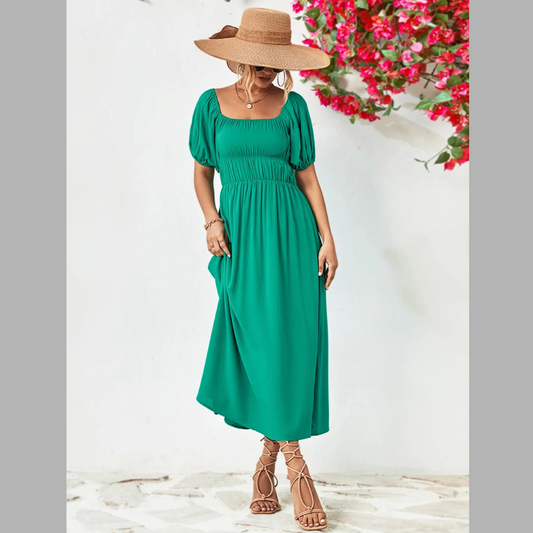 Off-Shoulder Puff Sleeve Smocked Maxi Dress