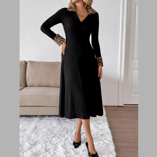 Leopard Cuff Johnny Collar Midi Dress