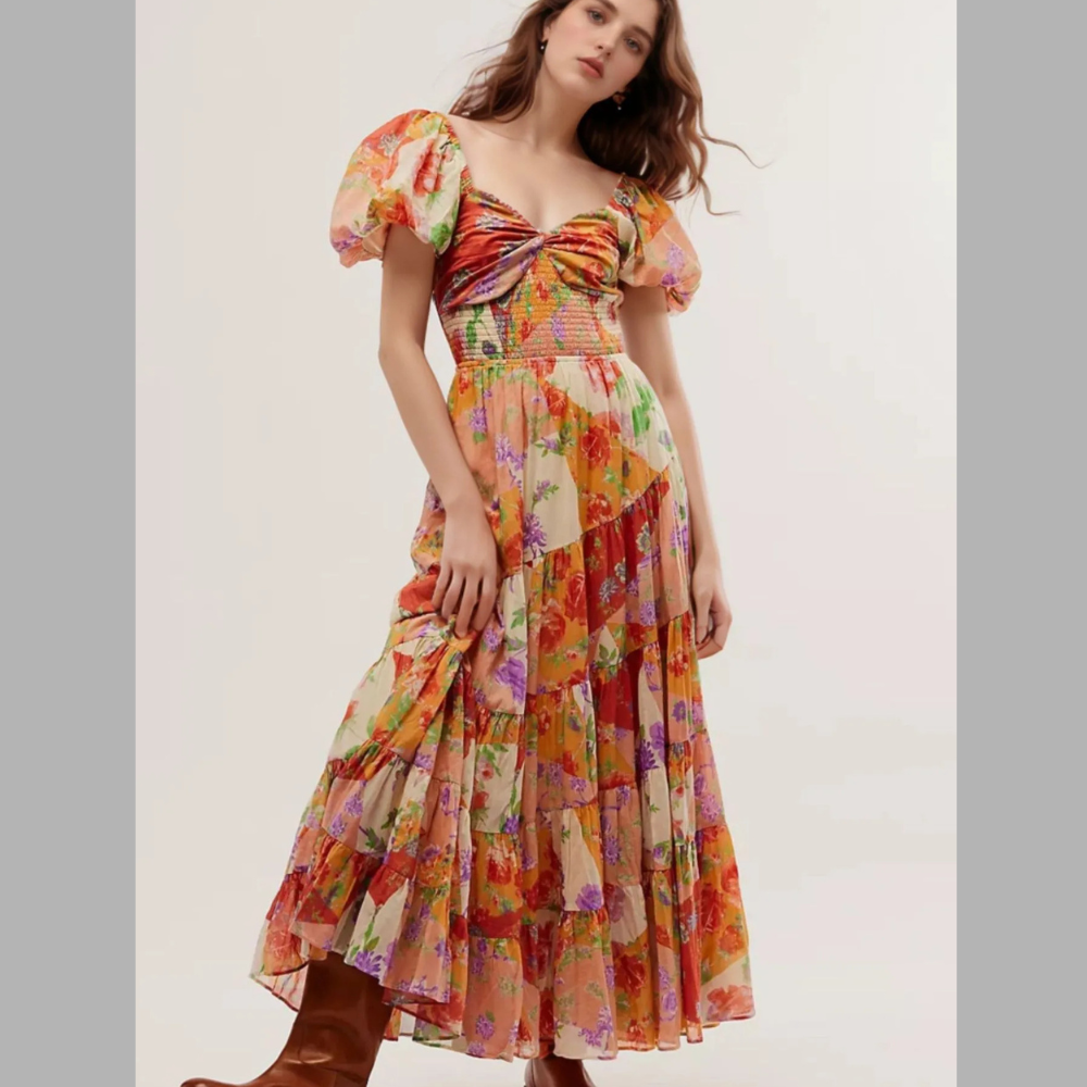 Printed Sweetheart Neck Puff Sleeve Maxi Dress