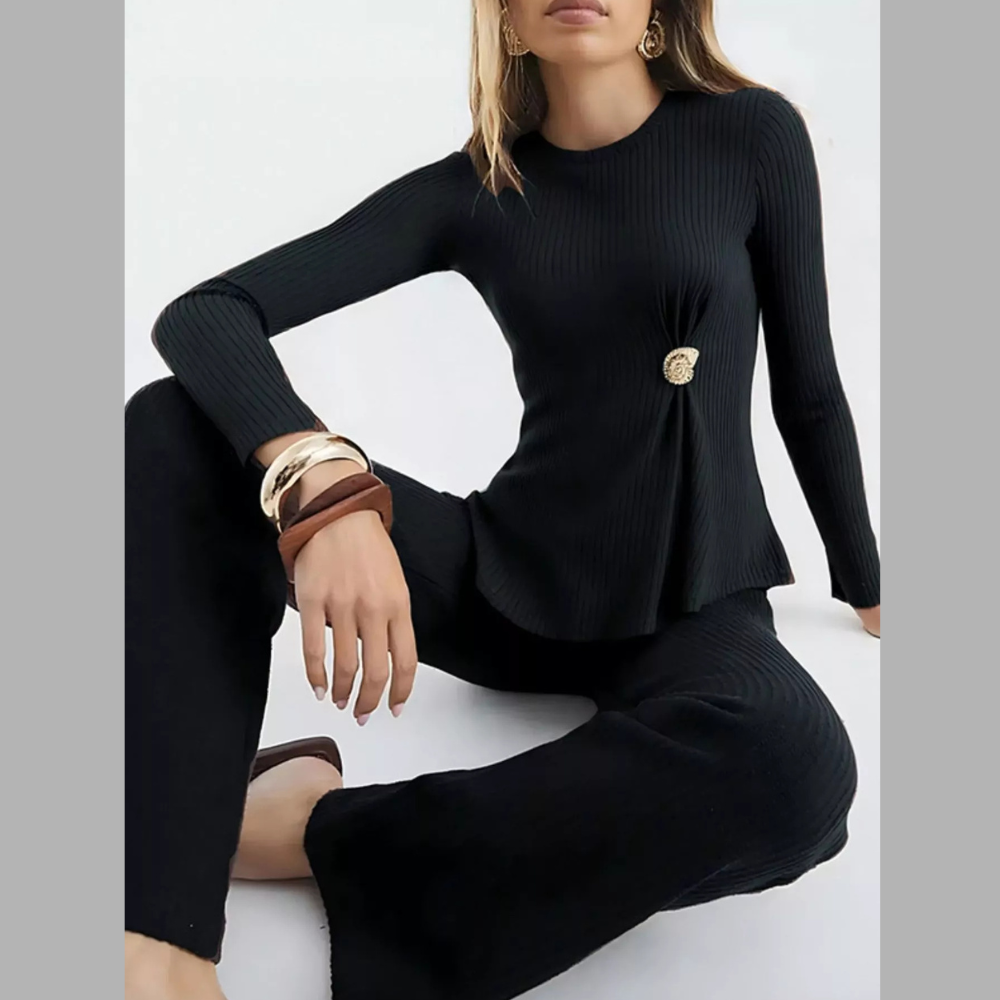 Ribbed Knit Round Neck Top and Pants Sweater Set
